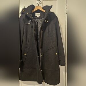 Cole Haan women's wool blend duffle coat with a faux fur trimmed hood